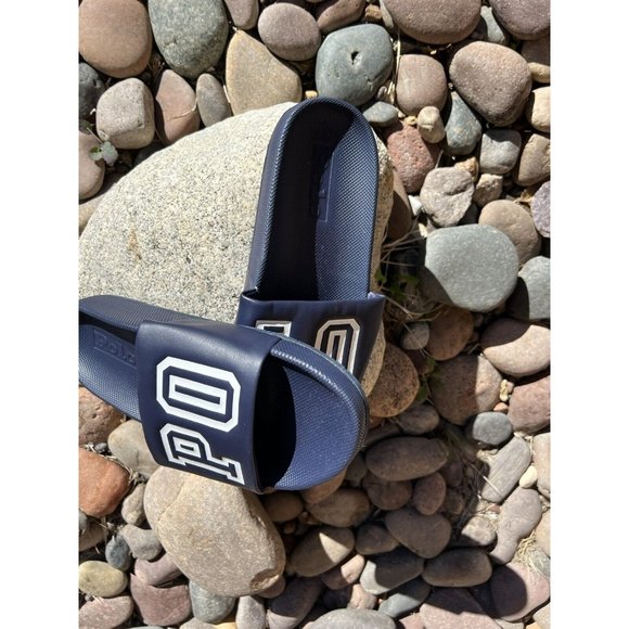 Men\'s Polo Ralph Lauren Cayson Slide Sandals BIG POLO Logo BLUE WHITE Size 10